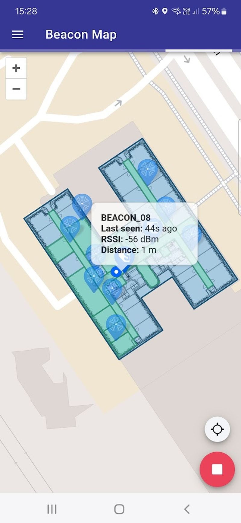 SemBeacon Android app showing beacons plotted on an indoor floor plan with a detail popup