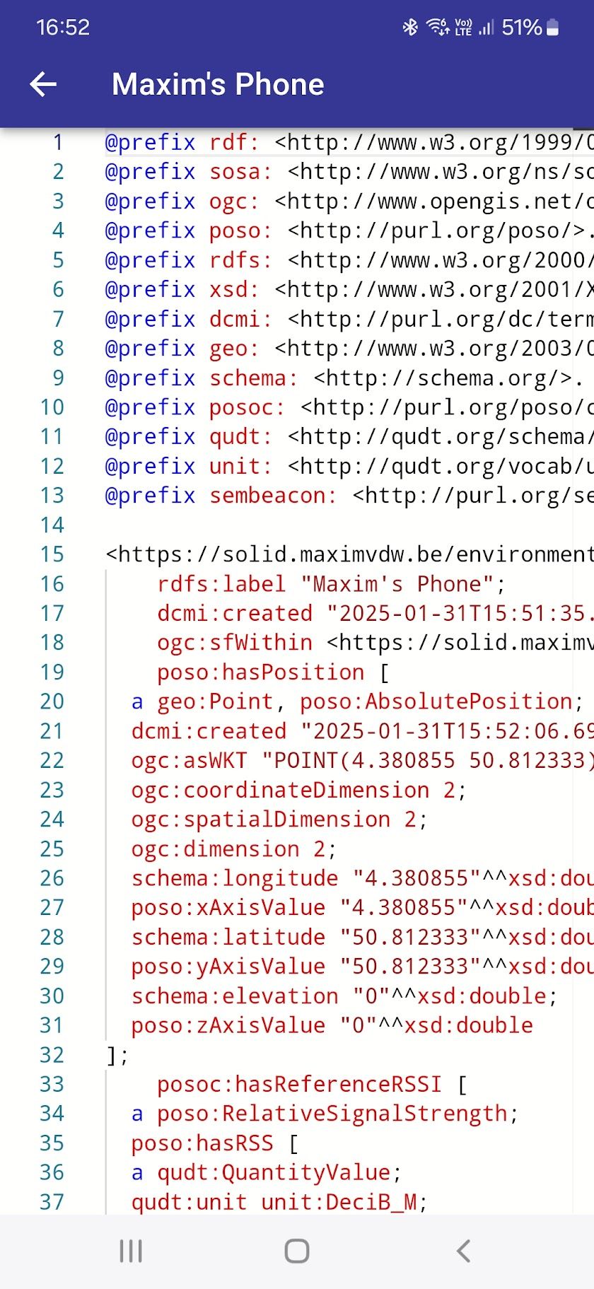 SemBeacon app displaying the raw RDF Turtle description of a beacon and its environment