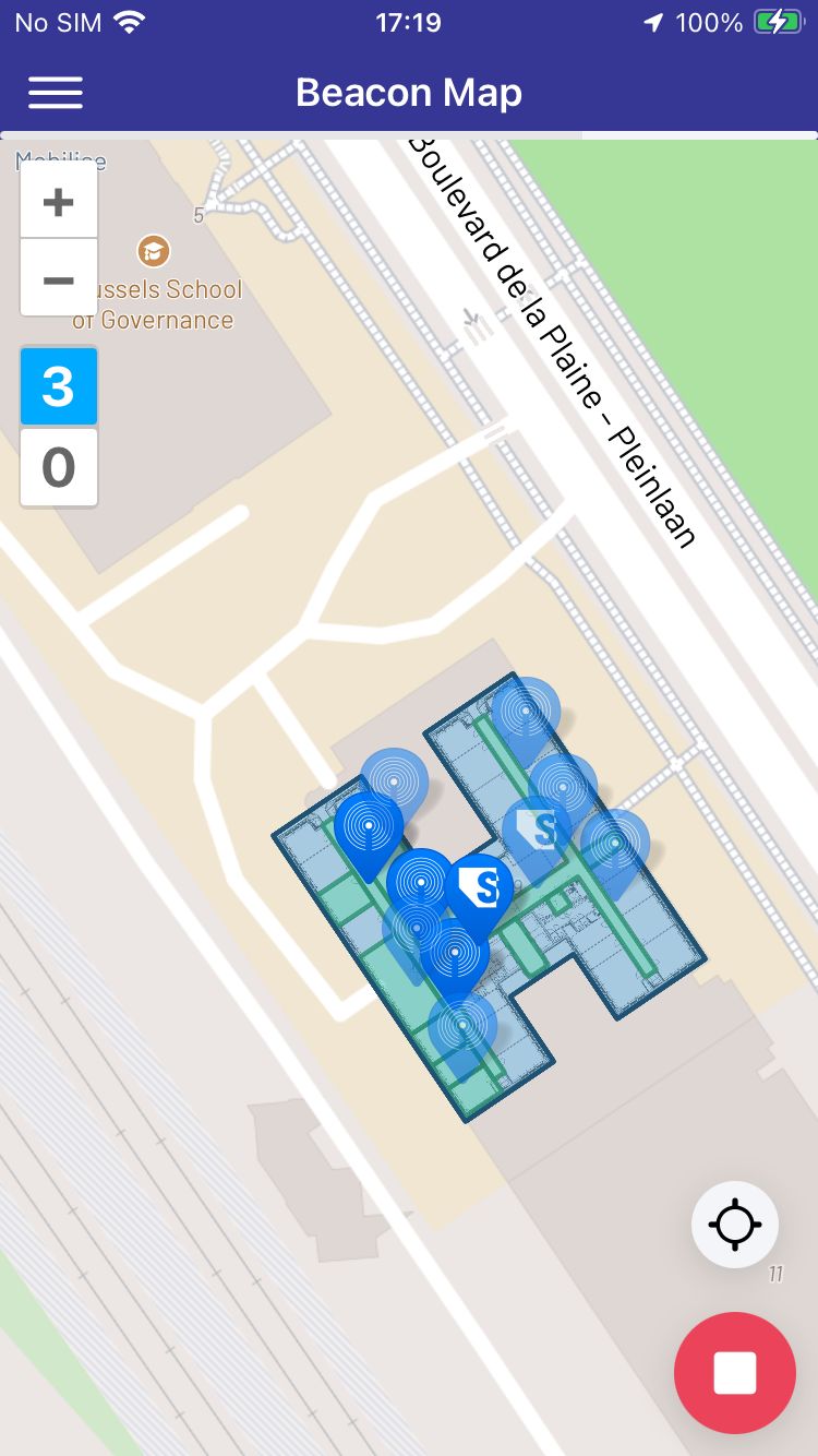 SemBeacon iOS app showing detected beacons on a building map